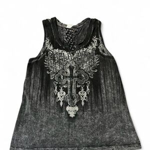 Affliction Women's Black Graphic Tank Top W/ Braided Back